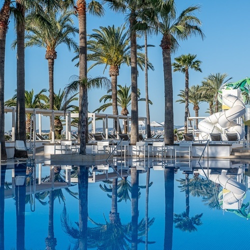 a large swimming pool surrounded by palm trees and a water slide