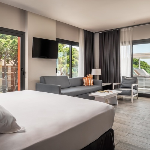 una habitación de hotel con cama , sofá , mesa y televisión