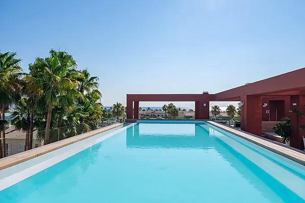 ESTIVAL: Firmenpool mit Meerblick, Palmen und moderner Architektur.