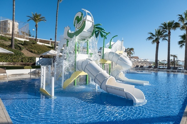 a water slide in a pool with palm trees in the background
