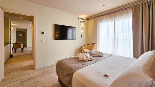 a hotel room with a large bed and a flat screen tv