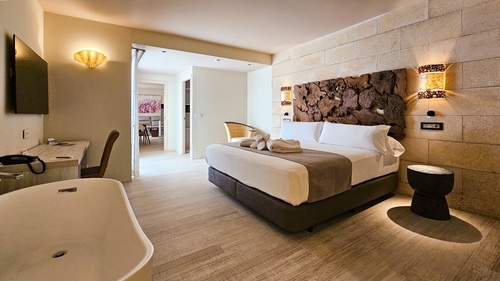 a hotel room with a large bed and a bathtub