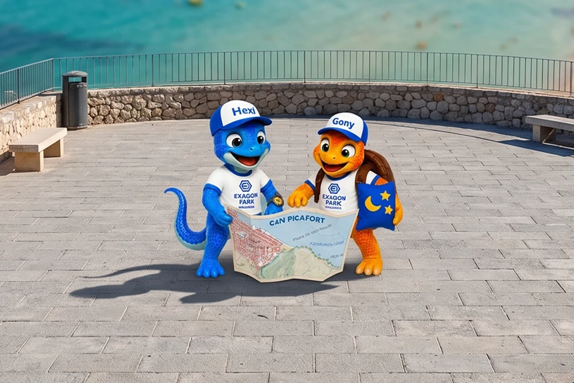 Exagon Park Mallorca mascots Hexi and Gony welcome you to this Hotel Exagon Park.