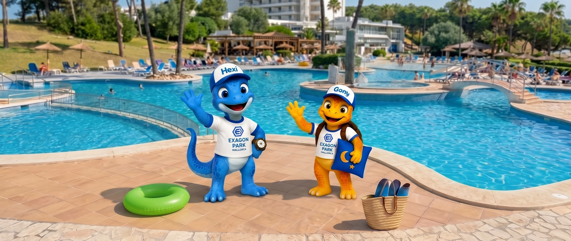 Sandy beach and turquoise waves with mountains and a coastal town in the distance, ideal for Hotel Exagon Park.