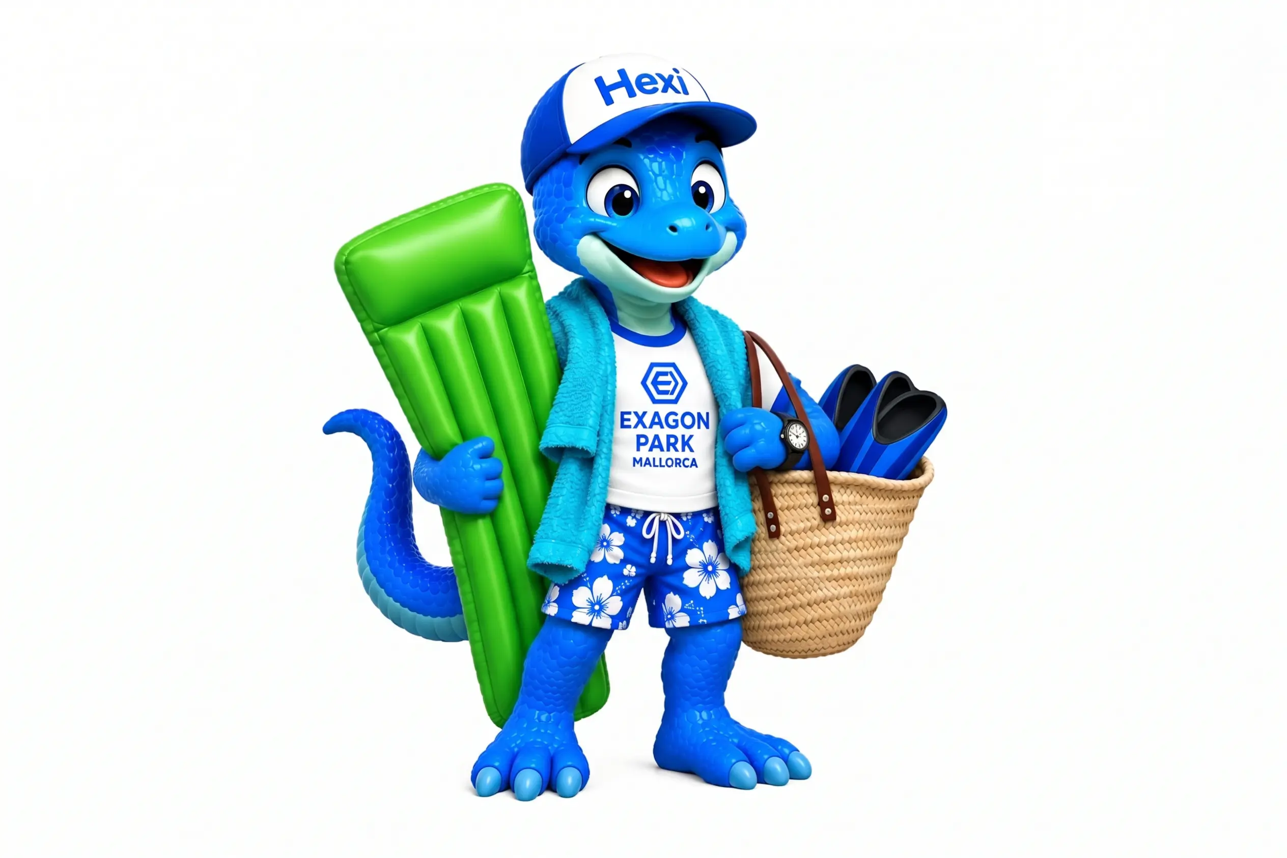 Icona de mascota Haxi d'Hotel Exagon Park a Mallorca, amb matalàs inflable i cistella.