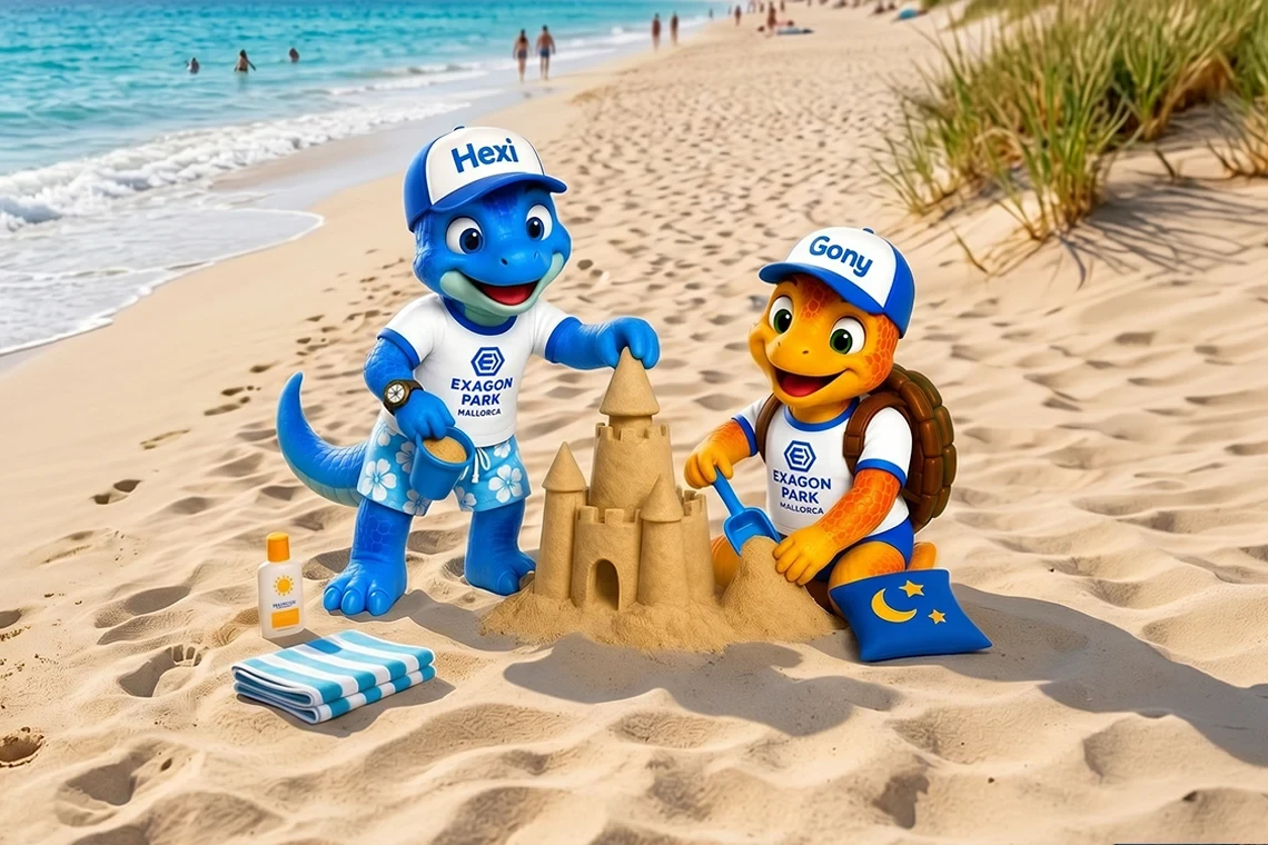 Exagon Park mascots build sandcastles at beach resort Hotel Exagon Park, Mallorca.