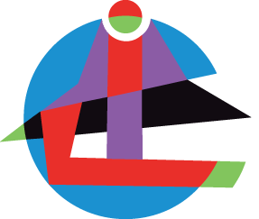 Una composición abstracta y geométrica muestra formas superpuestas de colores rojo, púrpura, negro y verde claro, contenidas dentro de un círculo azul.