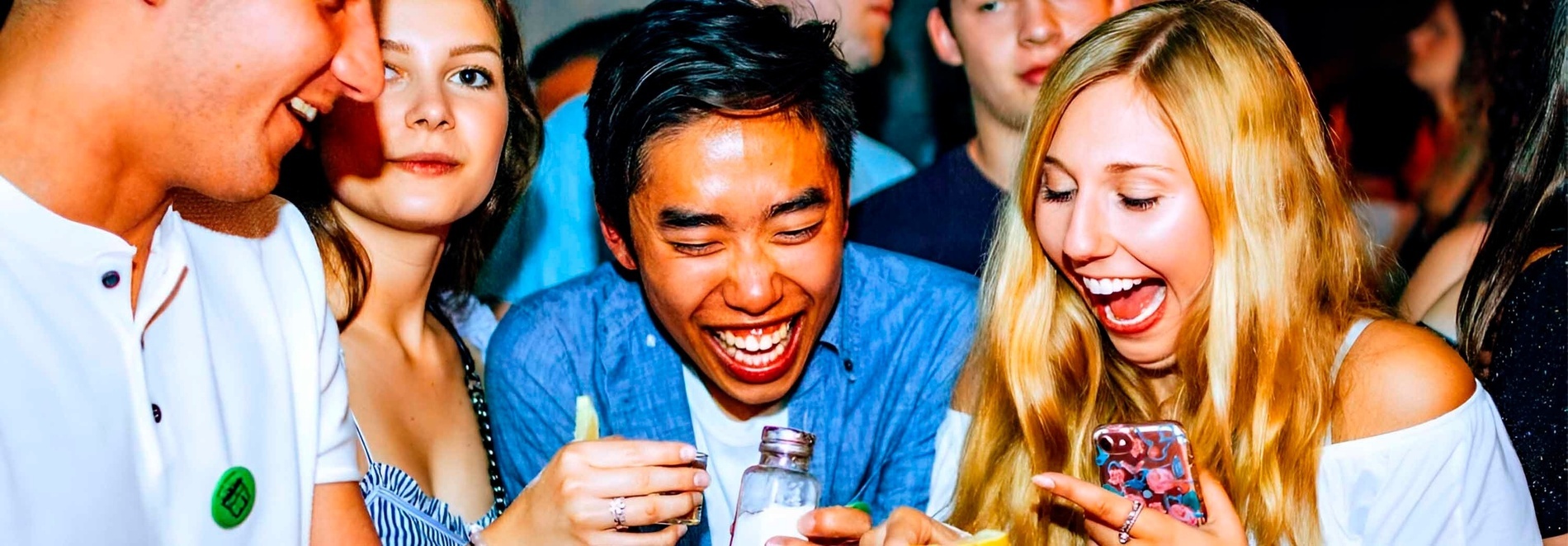 Friends enjoying drinks and phones at Red Nest Hostel Valencia. Book now!