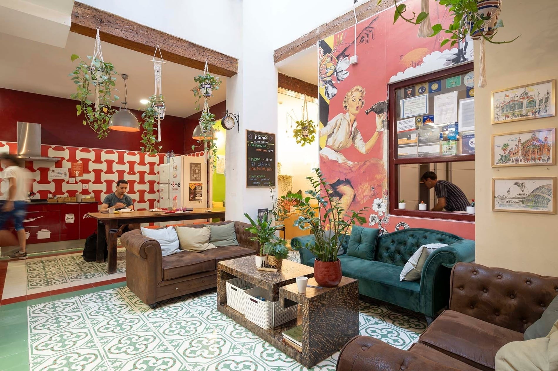 Stylish hostel common area with comfy seating. Feet up and relax!