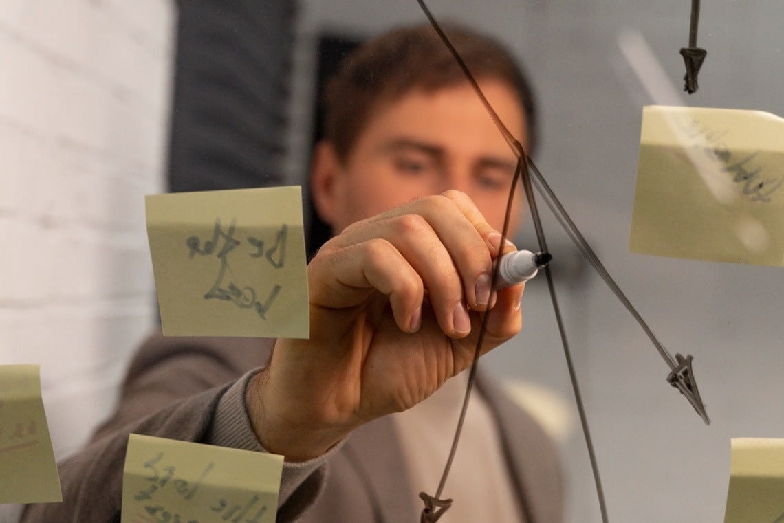 Modern office with sticky notes and arrows. Perfect for enjoying "feet up: corporate" vibes.
