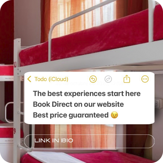 Bunk beds with red duvets. Feet up: Corporativa. Book direct.