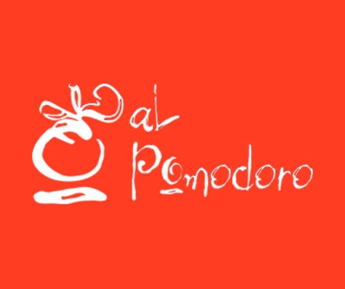 White "Dal Pomodoro" logo on red background. Great for booking.