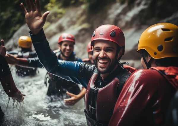 un hombre con un traje de neopreno y un casco amarillo camina por una cascada