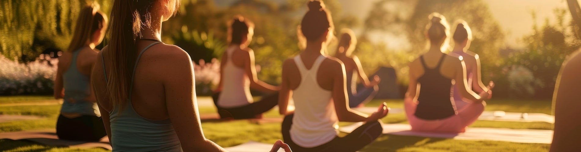 a group of women sit in a lotus position on yoga mats