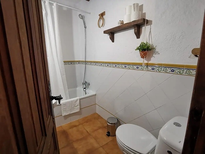 un baño con un inodoro y una bañera