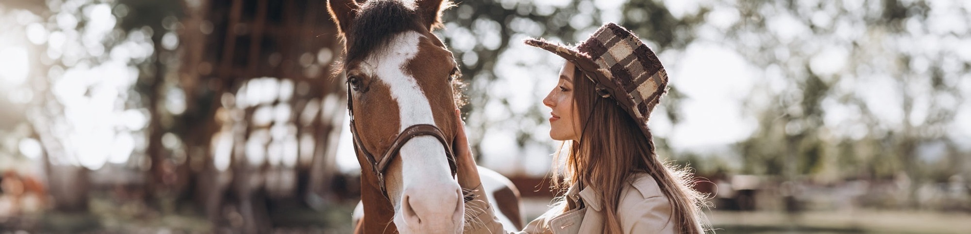 una mujer con un sombrero de vaquero está mirando a su caballo .