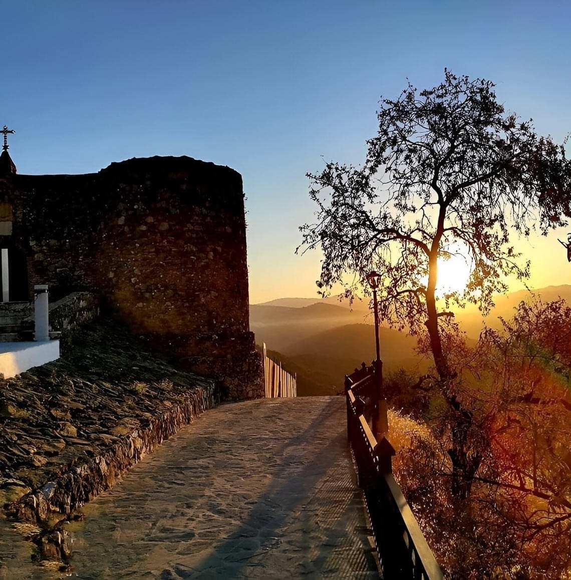 el sol se pone detrás de un edificio y un árbol