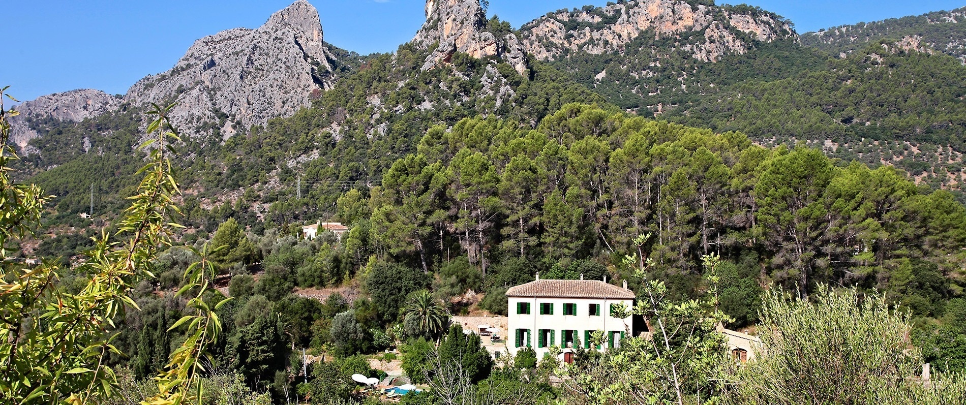 una casa blanca está rodeada de árboles y montañas