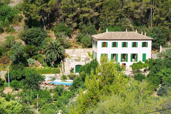 una casa blanca con persianas verdes está rodeada de árboles y arbustos
