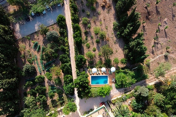 una vista aérea de una piscina rodeada de árboles y arbustos