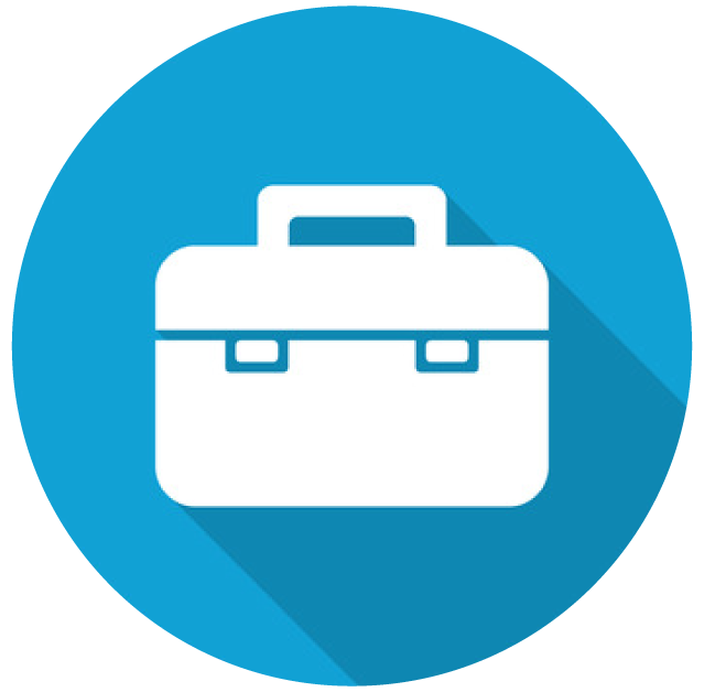 un icono de una maleta en un círculo azul con una larga sombra