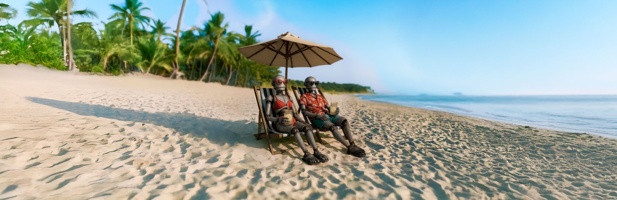 Robots relax on beach chairs under an umbrella. Cyber Week in Riviera Maya | Up to 40% OFF | The Fives Hotels.