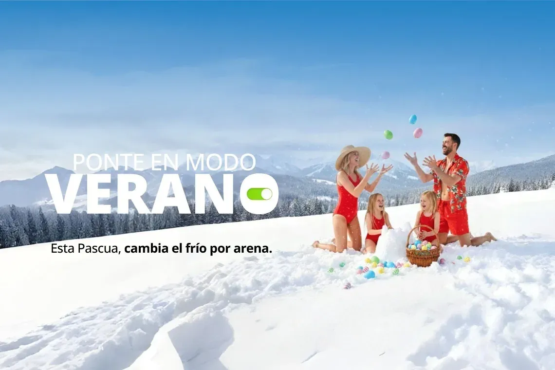 Bienvenido a Modo Verano: familia en traje de baño en nieve, huevos de Pascua. ¡Tu viaje a Riviera Maya te espera!