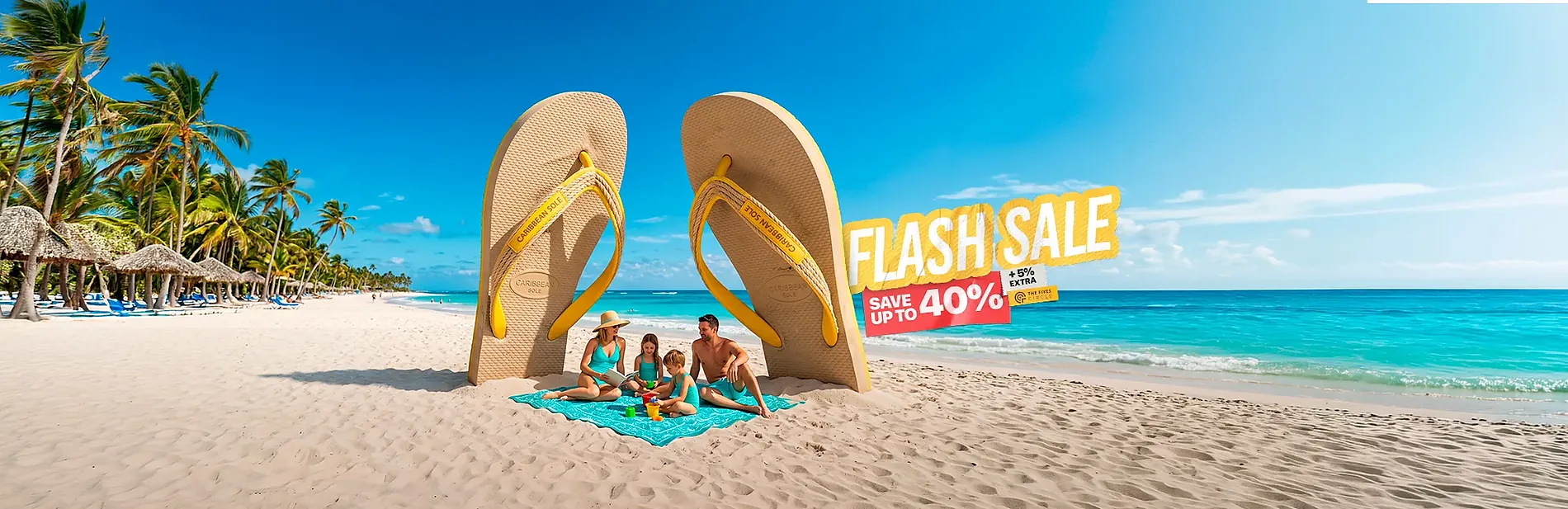 Riviera Maya Summer Hotel Deals | The Fives Hotels: Family enjoying a beach sale with flip flops and ocean views.
