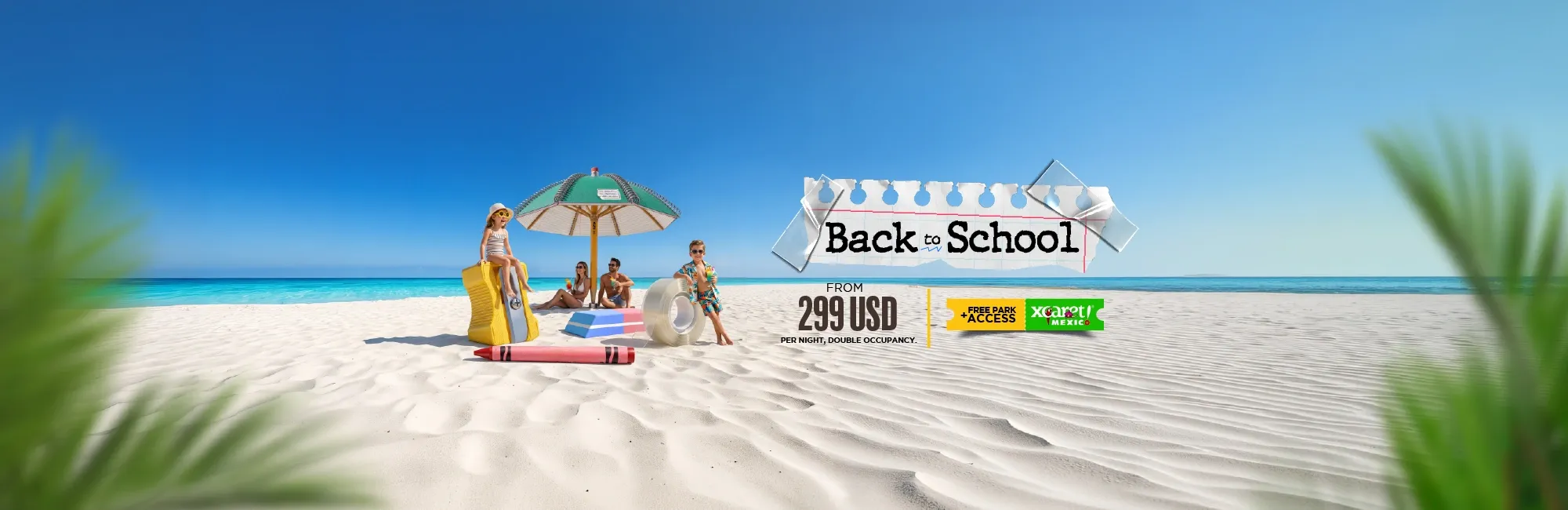 Family enjoying a beach vacation with a "Back to School" sale offer: from 299 USD per night. The Fives Beach Hotel | All-Inclusive Resort in Playa del Carmen