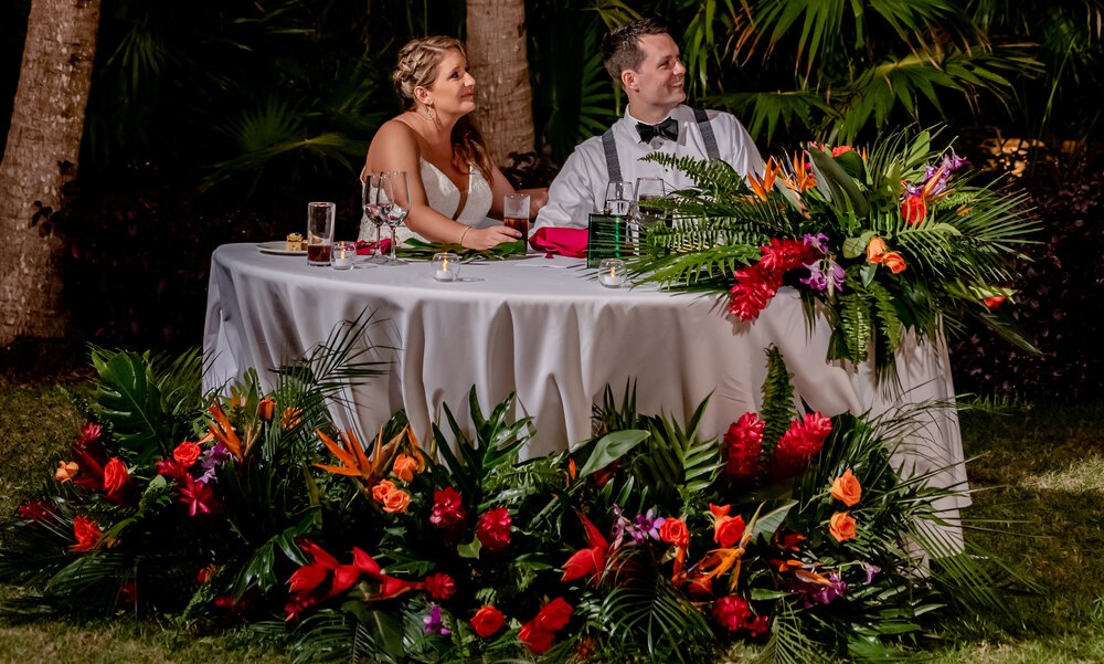 Romantic garden wedding details with tropical flowers