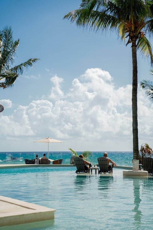 a large swimming pool surrounded by palm trees and chairs