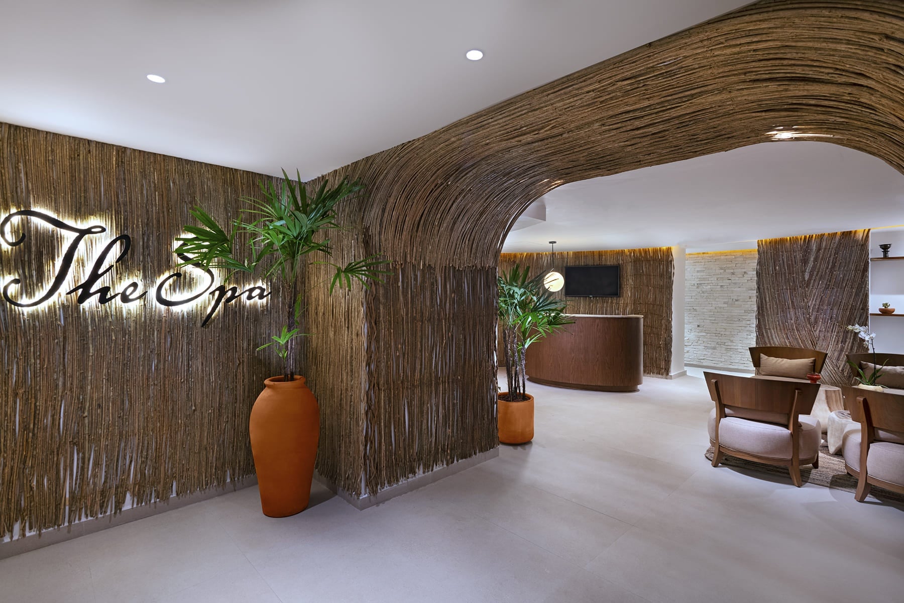 Serene hotel spa lobby with natural wood walls, illuminated 'The Spa' sign, lush plants, and reception desk.