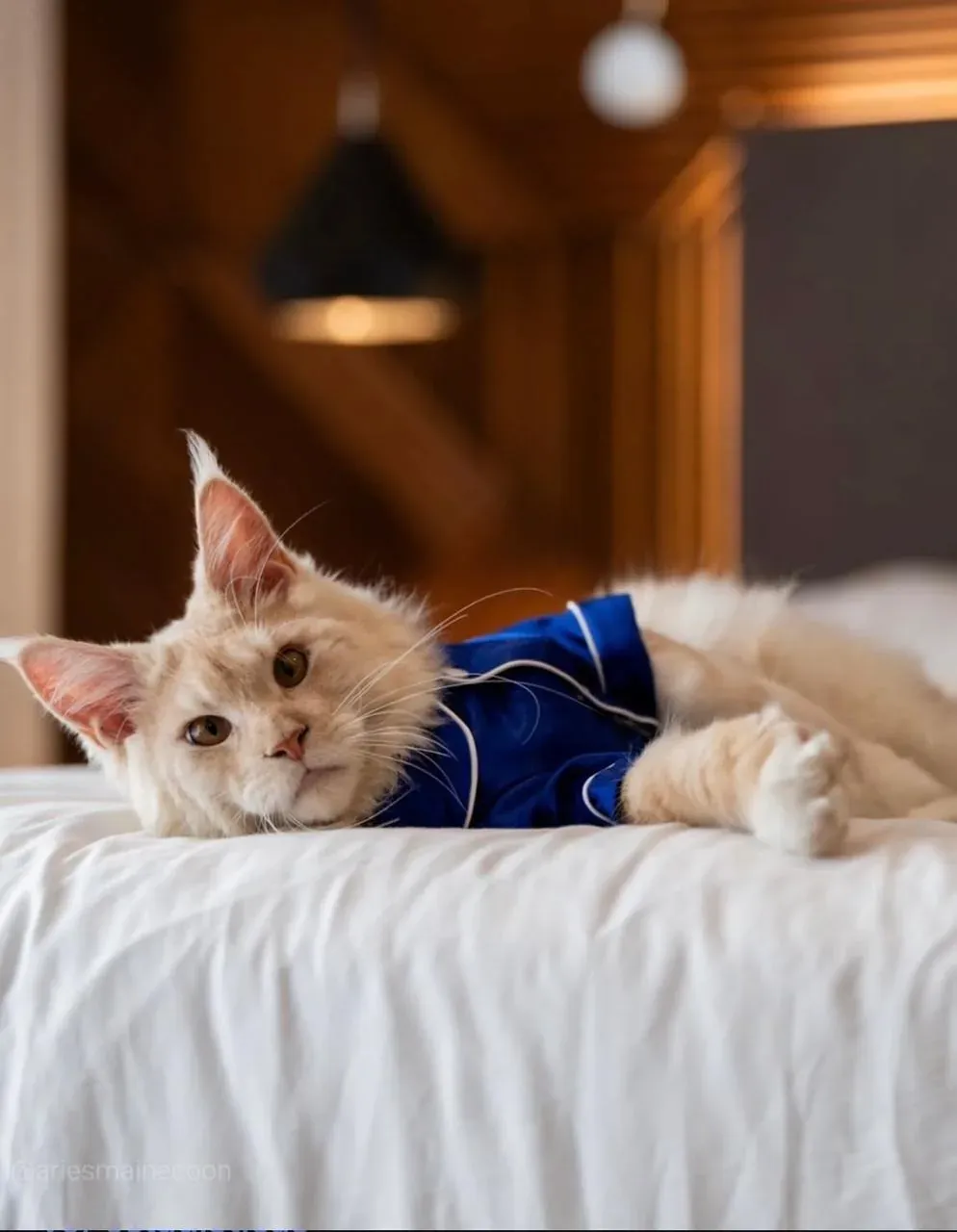 The Fives Corpo's Maine Coon cat in blue pajamas on a white bed.