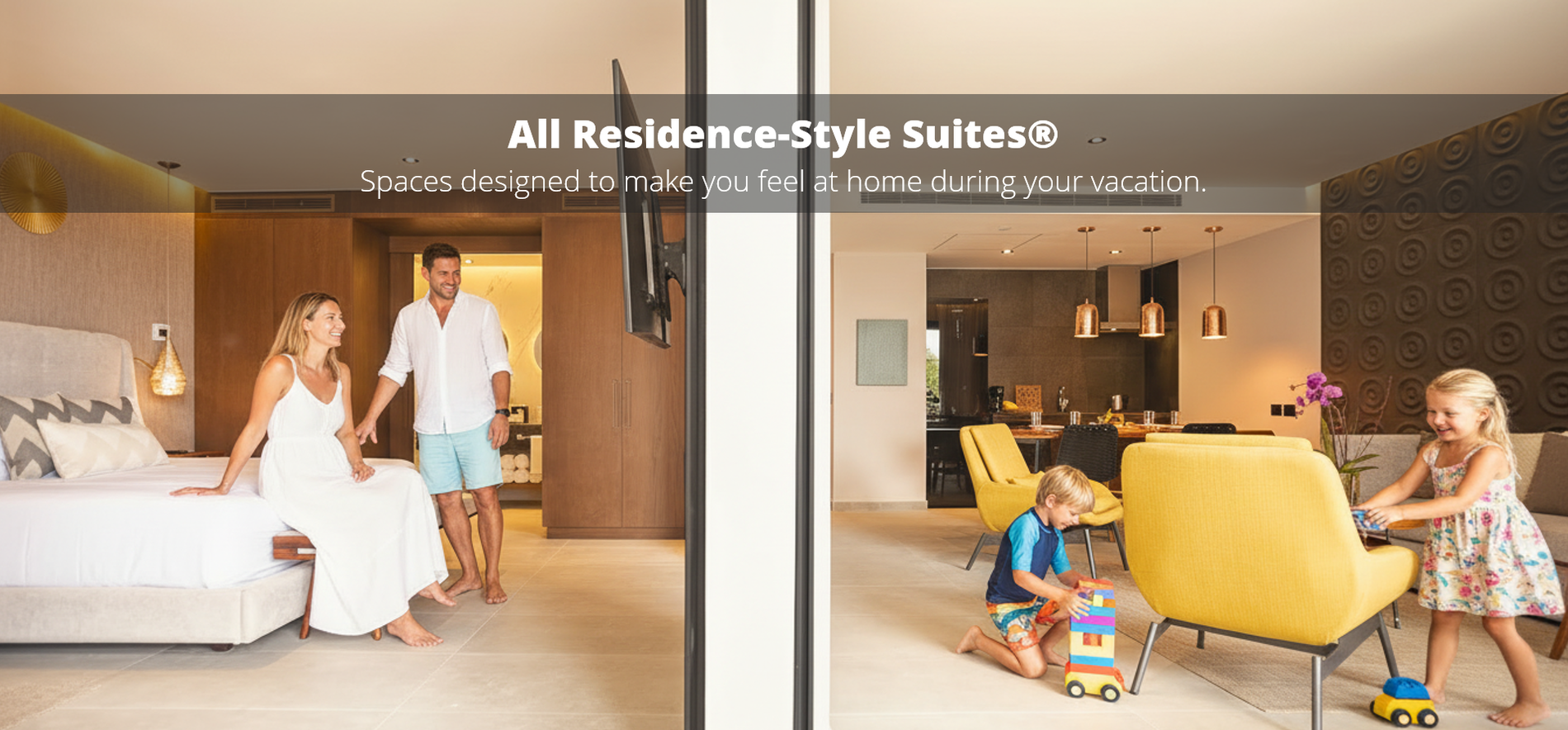 Family enjoys a spacious residence-style hotel suite with bedroom and living area, offering a home-like vacation experience.