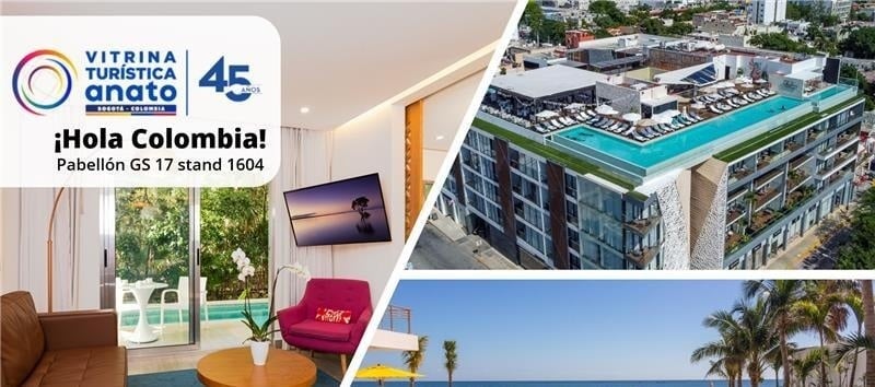 This image is an advertisement for the 45th Vitrina Turística Anato in Bogotá, Colombia, showcasing luxurious hotel rooms, a rooftop pool, and a beach, along with specific exhibition stand details.