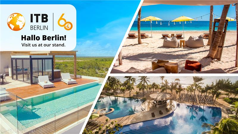 Este anuncio para ITB Berlín combina un logotipo con el mensaje "Hallo Berlin!" y tres imágenes de ensueño de resorts tropicales y playas soleadas.