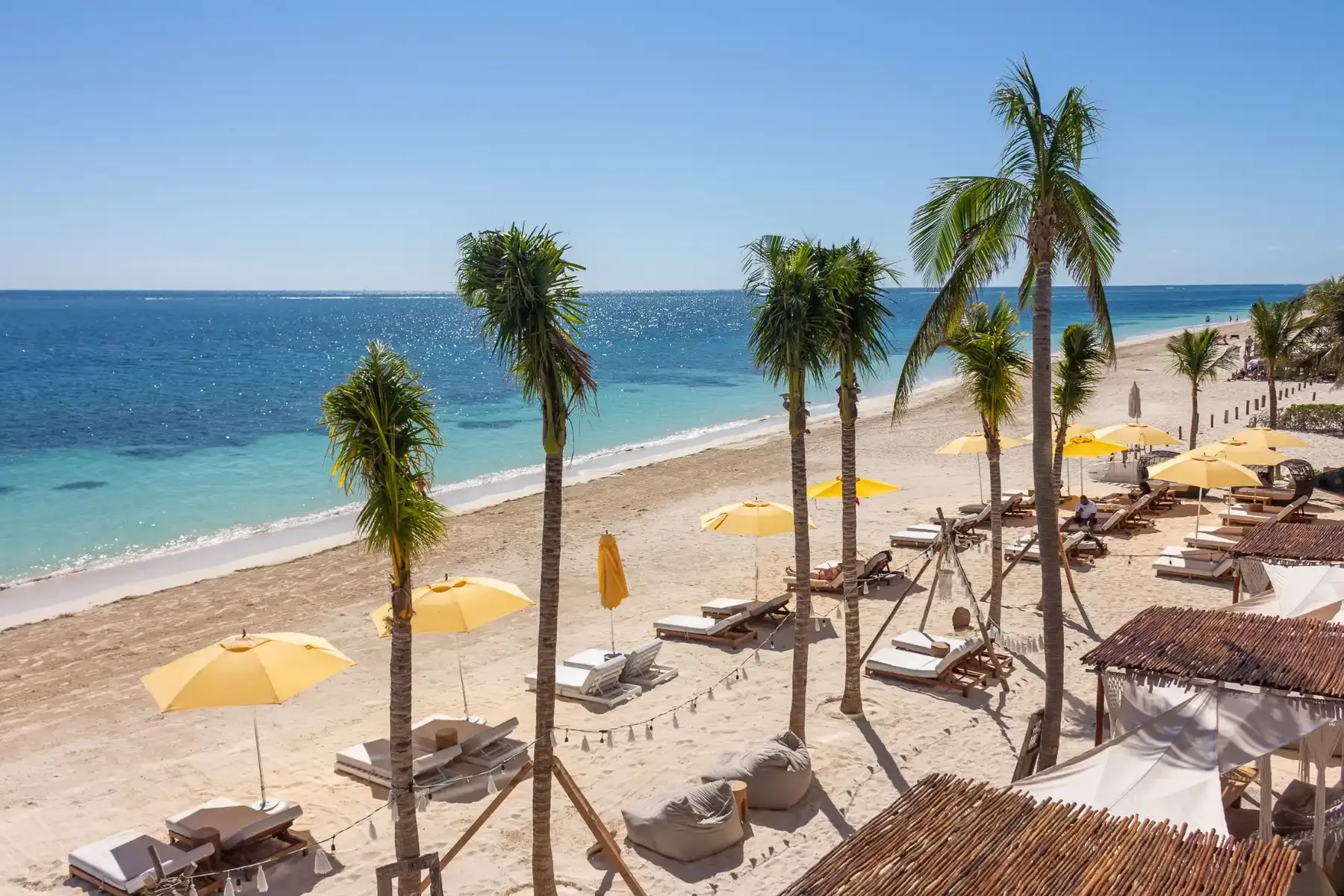 Luxury beach resort with palm trees, yellow umbrellas, and lounge chairs, perfect for your The Fives Corpo.