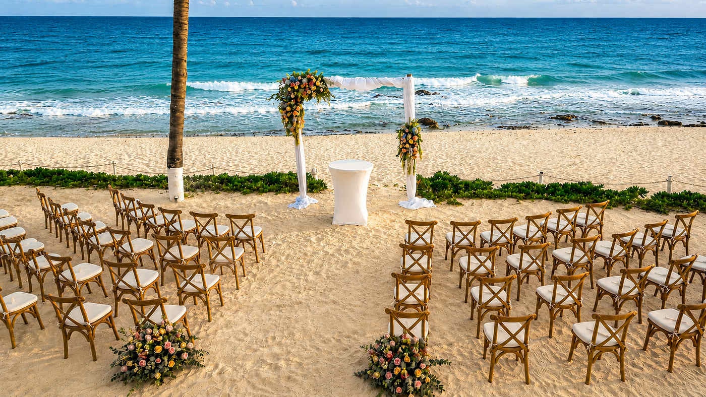 Oceanfront wedding ceremony with floral design in Riviera Maya