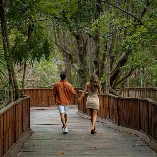 Couple walking at The Fives Corpo, wooden boardwalk through tropical mangrove forest.