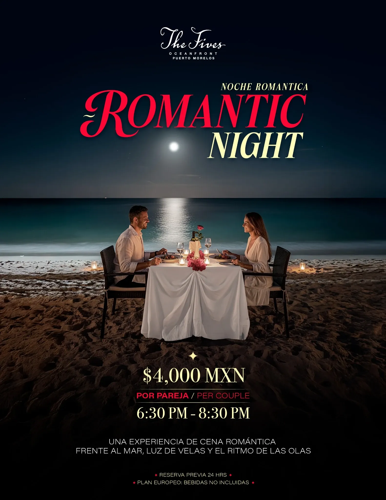 Cena romántica bajo la luna llena en The Fives Hotels con The Fives Corpo.