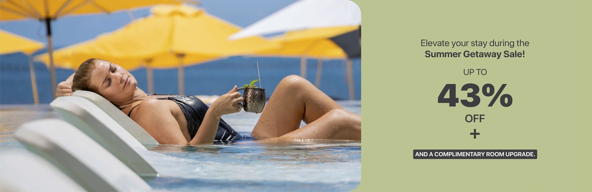 a woman is laying in a pool with the words feel the ocean breeze up to 36 % off