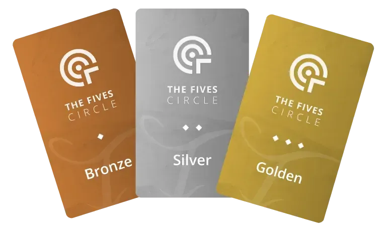 The Fives Corpo membership cards: Bronze, Silver, and Gold tiers.