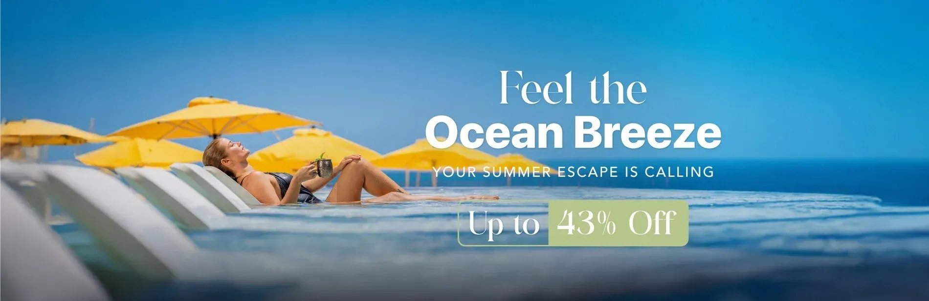 Woman relaxing by infinity pool with 'Summer Deal | The Fives Oceanfront Puerto Morelos' discount.