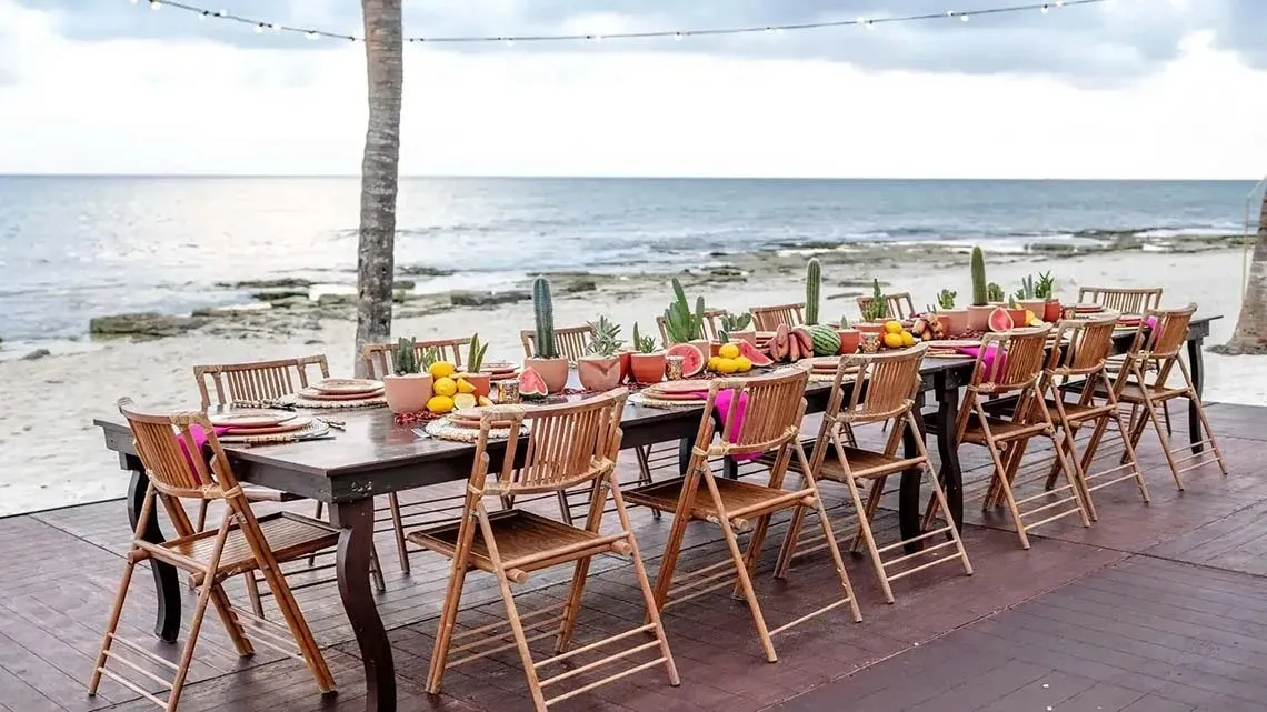 Beachfront dining setup for events at The Beachfront by The Fives Hotels.
