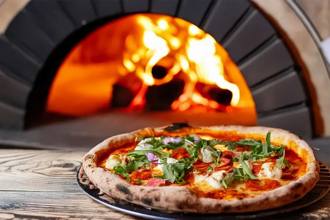 Pizza artesanal horneada en The Fives Corpo, lista para disfrutar.