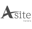 a black and white logo for a site hotels on a black background .