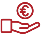 un icono rojo de una mano sosteniendo un signo de dólar .