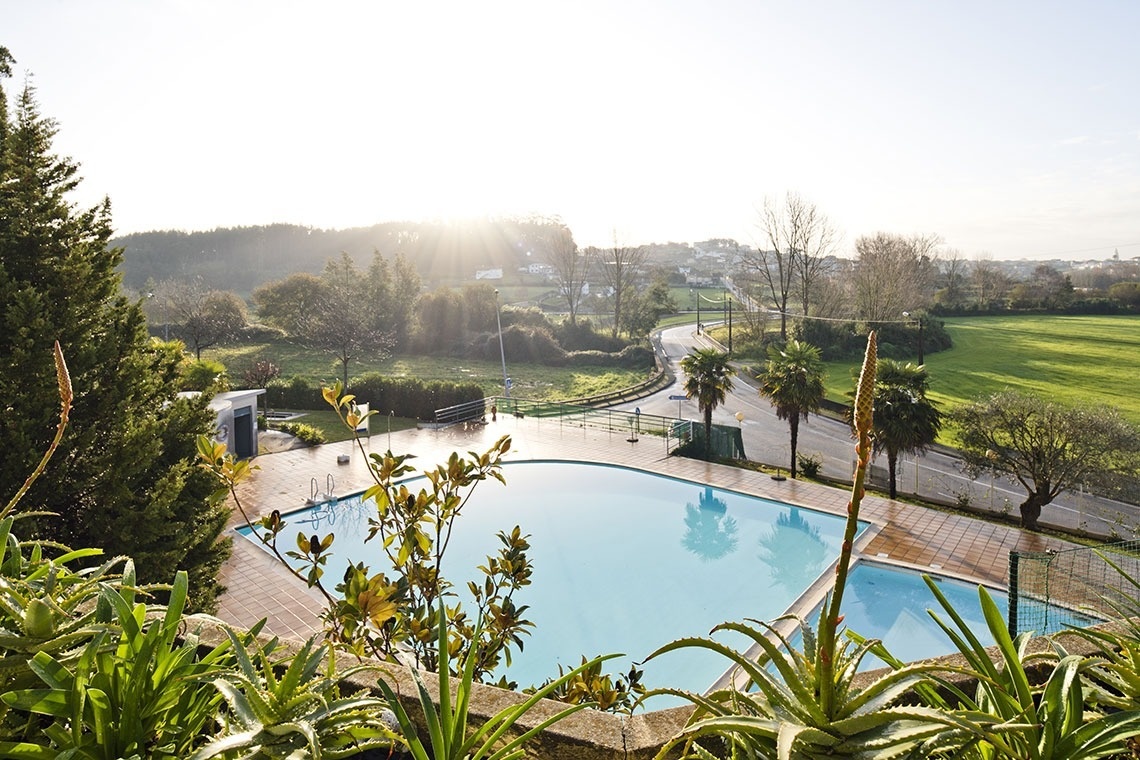 Lam Hotel Estarreja: piscina exterior con palmeras y vistas al campo.