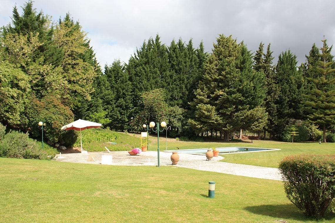 um jardim com uma piscina e árvores ao fundo