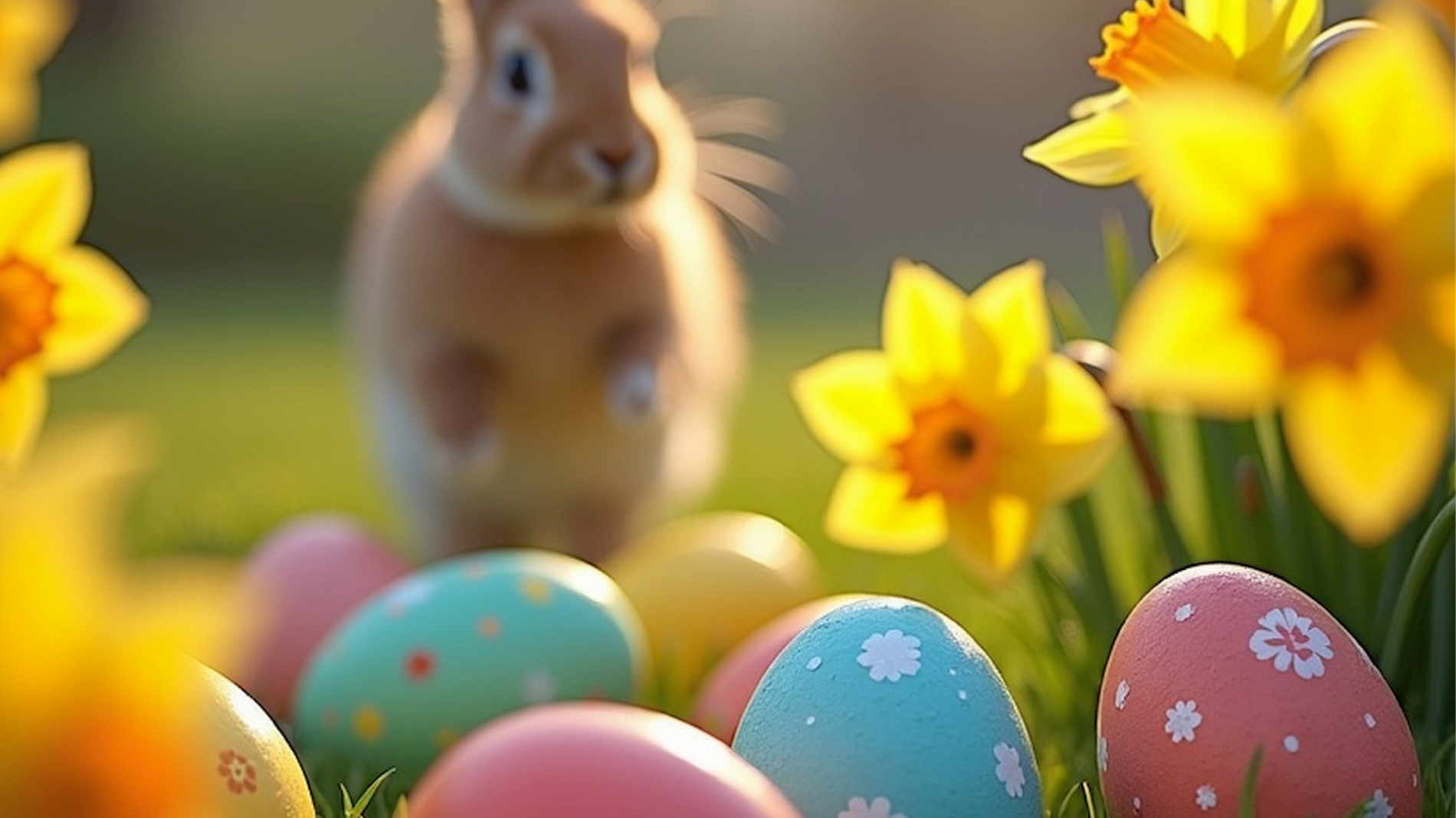 Un adorable conejo gris está sentado en una cesta de mimbre llena de paja, rodeado de huevos de Pascua de colores vivos entre la hierba verde y brillante bajo la luz del sol.